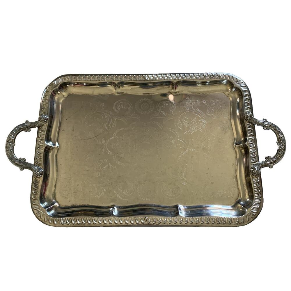Large Stainless Steel Serving Tray Victorian Vintage Silver Color